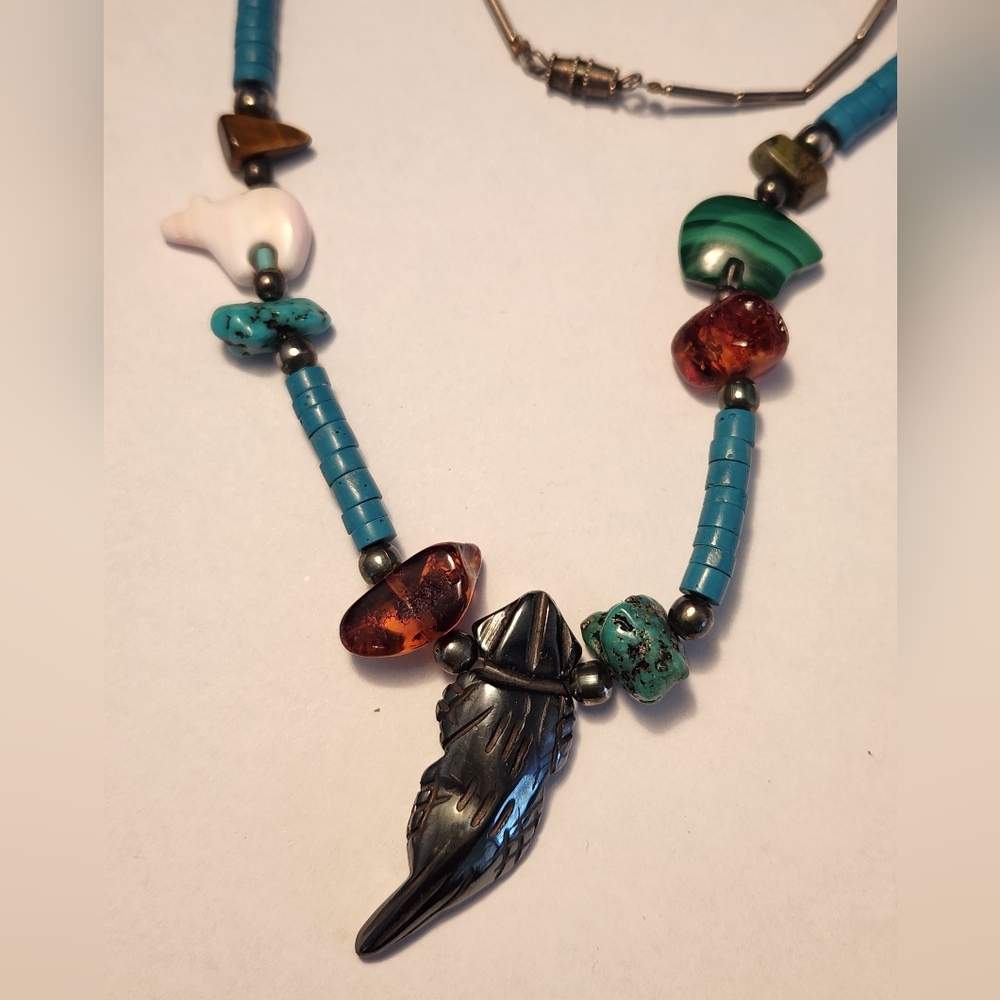 Multicolor Beaded Necklace with Feather Pendant